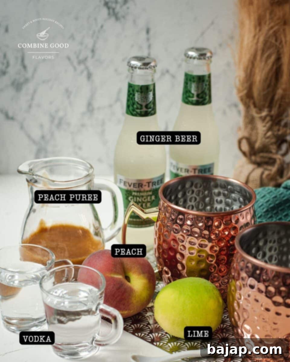 Ingredients - peach Moscow mule - peach puree, ginger beer, lime, peach, vodka.