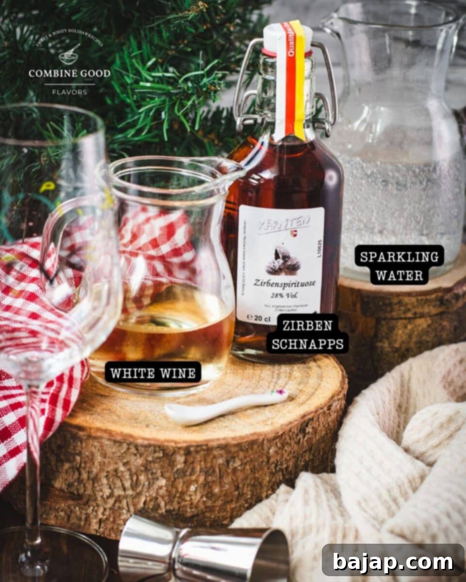 Essential ingredients for Zirben Spritzer: dry white wine, distinctive zirben schnapps, and crisp sparkling water.