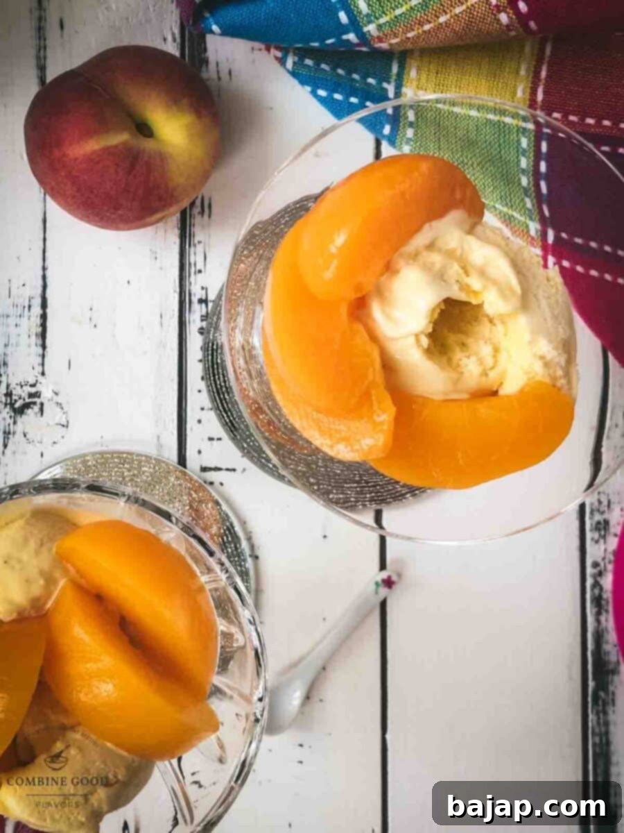Add the peach slices on top of the vanilla ice cream .