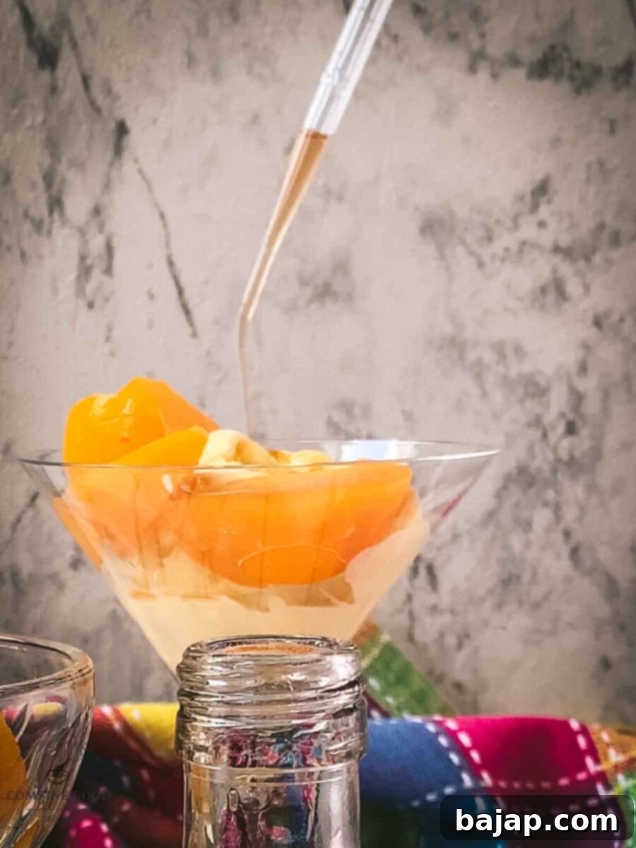 Pour the homemade Chambord or raspberry liqueur into a cocktail glass filled with vanilla ice cream and peaches.