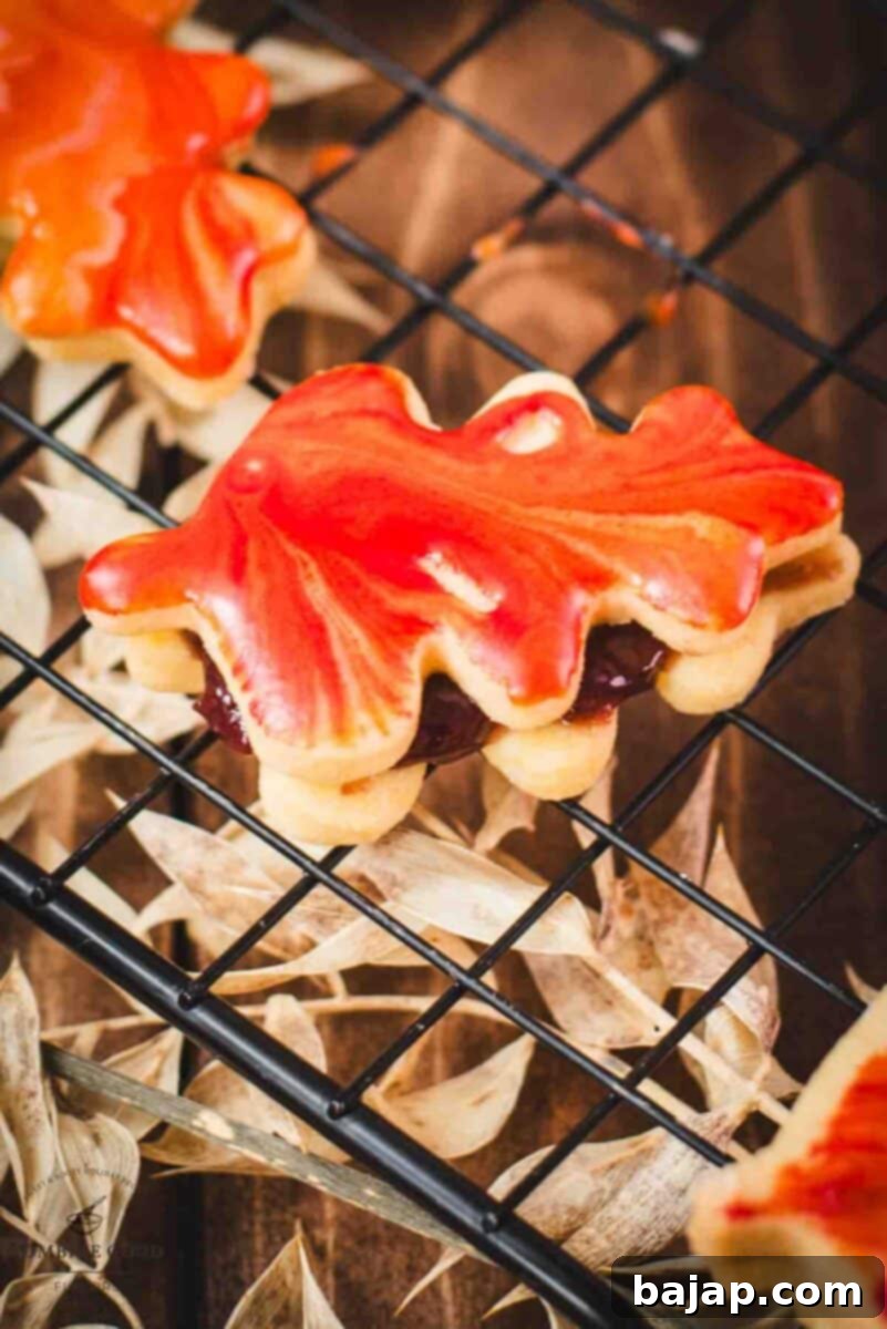 Raspberry Swirl Autumn Leaf Cookies 13 A selection of gorgeous leaf-shaped marbled sandwich cookies, beautifully glazed and ready to enjoy.