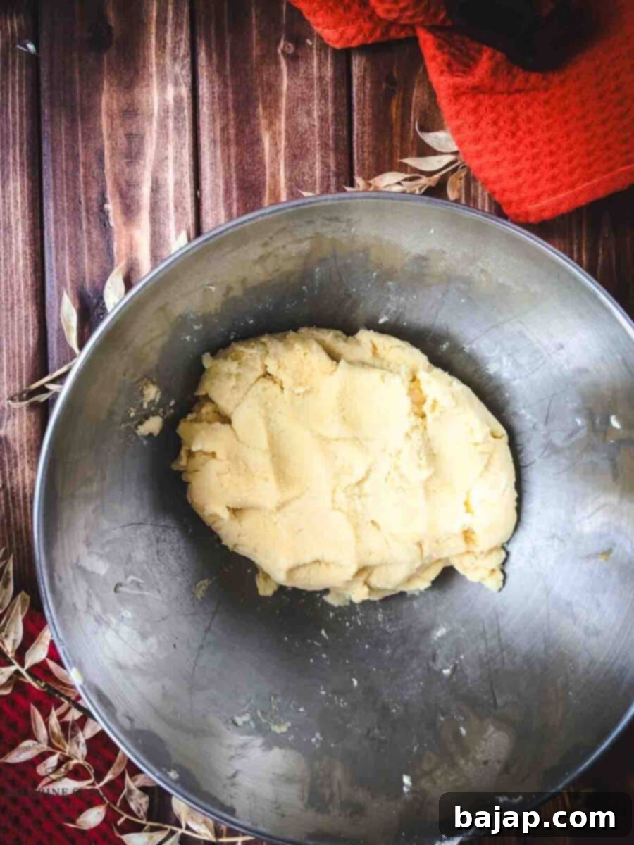 Raspberry Swirl Autumn Leaf Cookies 7 Freshly kneaded shortbread cookie dough resting in a mixing bowl before chilling.