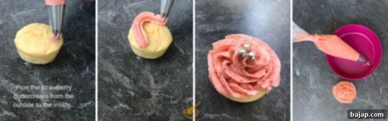 Piping strawberry buttercream frosting onto cooled ricotta cupcakes.