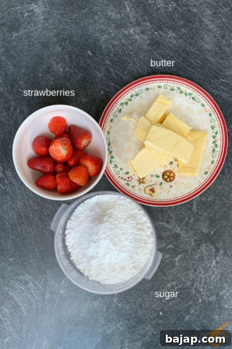 Luscious Strawberry Ricotta Cupcakes 3 Ingredients for strawberry buttercream: fresh strawberries, soft unsalted butter, powdered sugar.