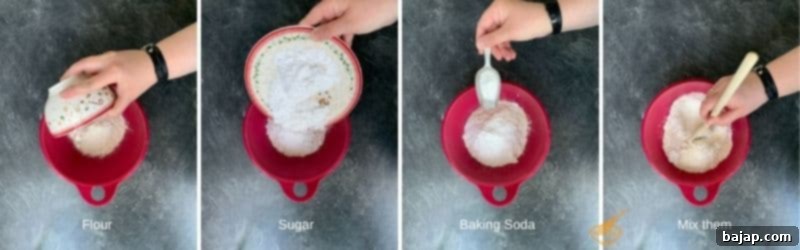 Mixing dry ingredients for ricotta cupcake sponge: flour, baking powder, powdered sugar.