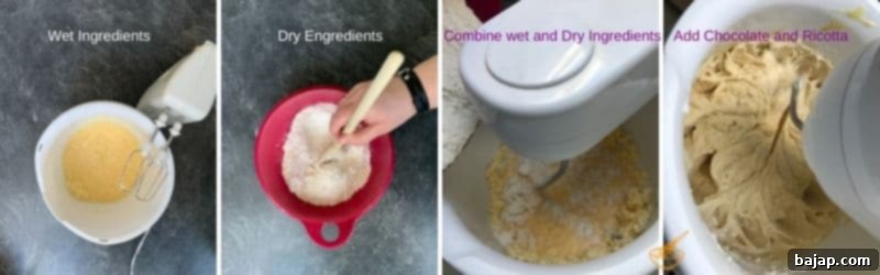 Adding melted white chocolate and ricotta cheese to the cupcake batter.