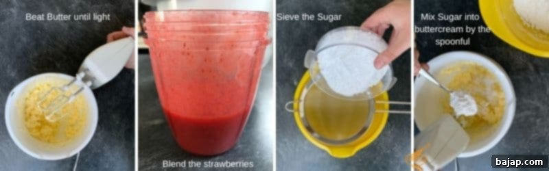 Sifting powdered sugar into whipped butter for strawberry buttercream frosting.