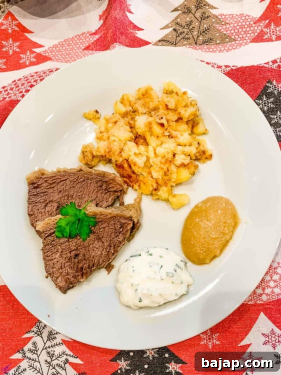 Tafelspitz - A national dish from Austria and an excellent pick for a Christmas menu main course. Pairs well with roasted potatoes, apple horseradish, and chives sauce.