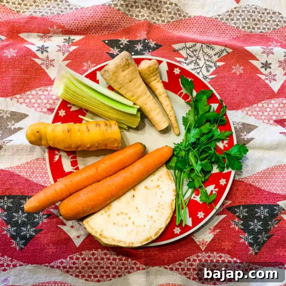 Mirepoix (mixed vegetables for soup, consisting: carrots, parsley, celery stalk, and leek)