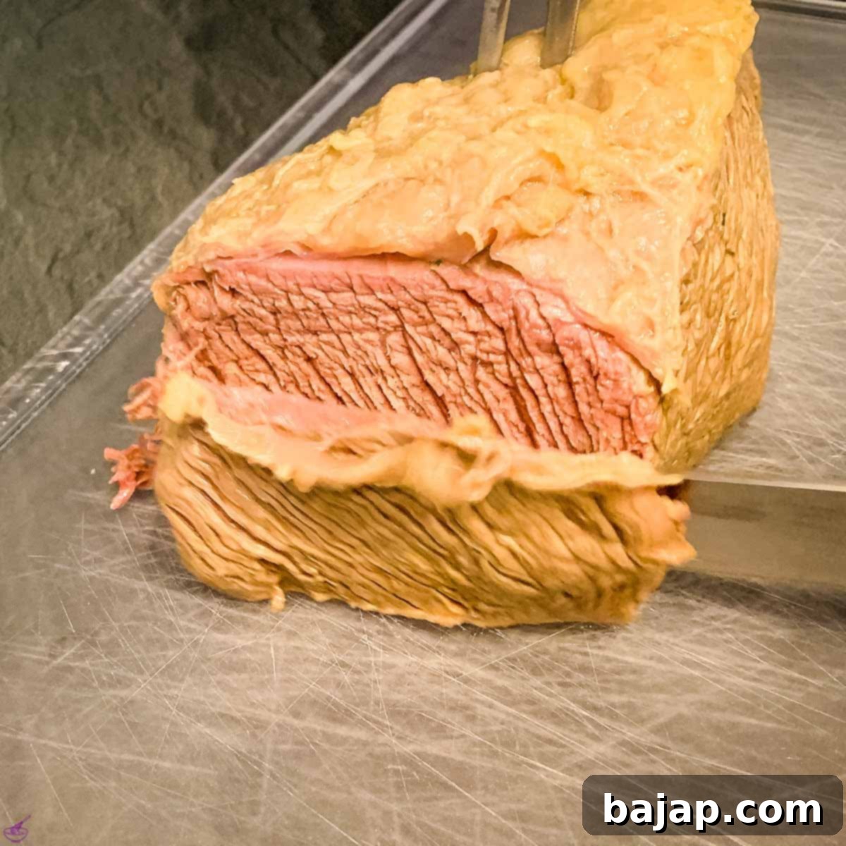 Fully cooked Tafelspitz (prime boiled beef) after 2.5 hours. Cut into finger-thick slices.