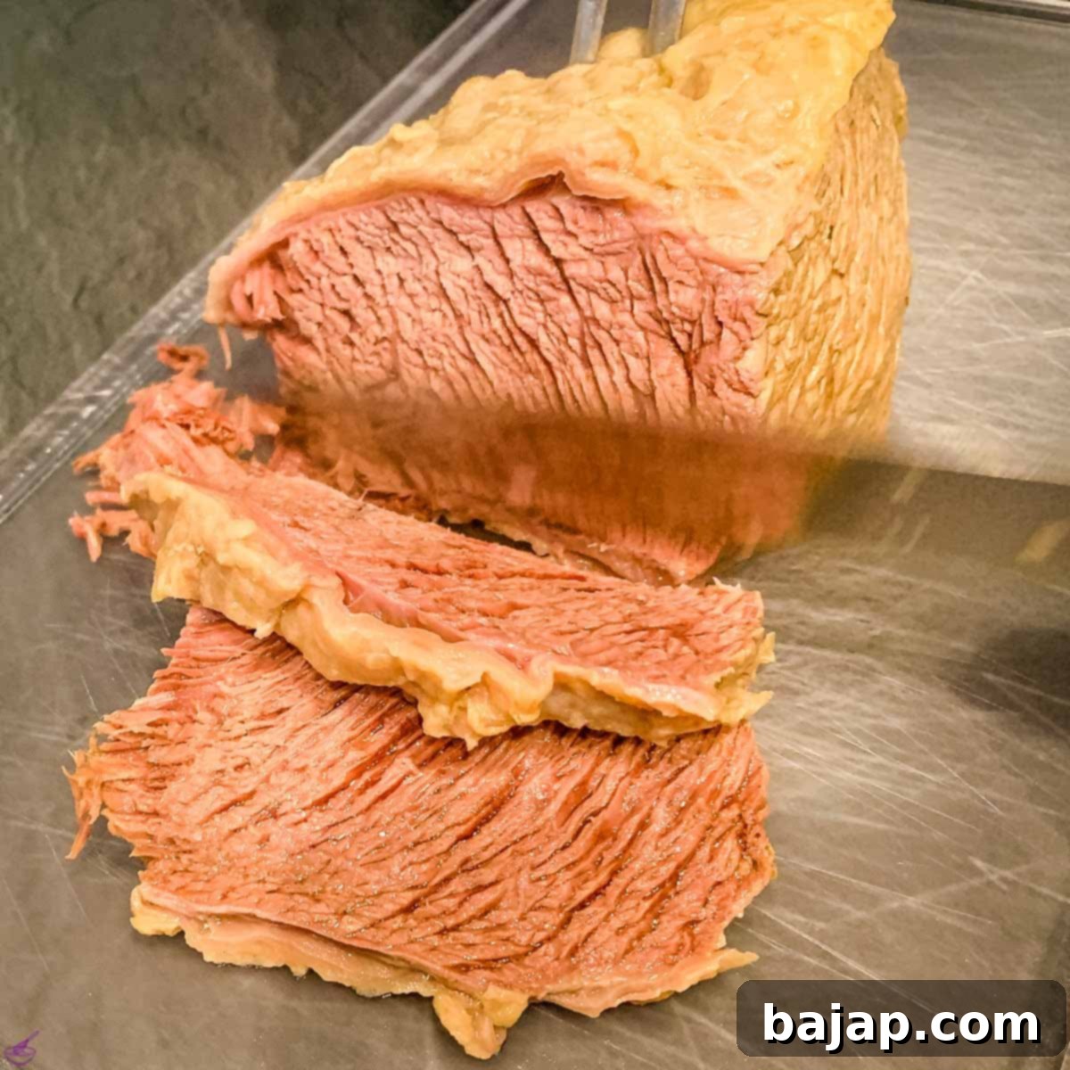 Fully cooked Tafelspitz (prime boiled beef) after 2.5 hours. Cut into finger-thick slices.