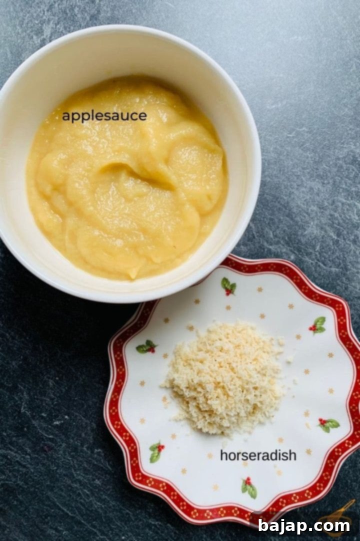 Homemade apple horseradish sauce is the perfect combination of spiciness and sweetness. Both flavors are well-balanced and do not overpower the taste of the meat.