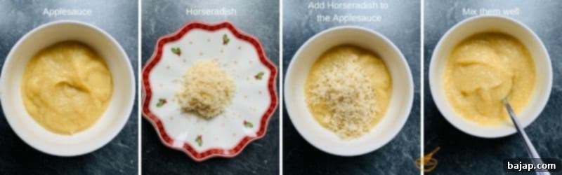 Ingredients for Austrian Horseradish Sauce: a bowl of applesauce, a grater, and a fresh horseradish root.
