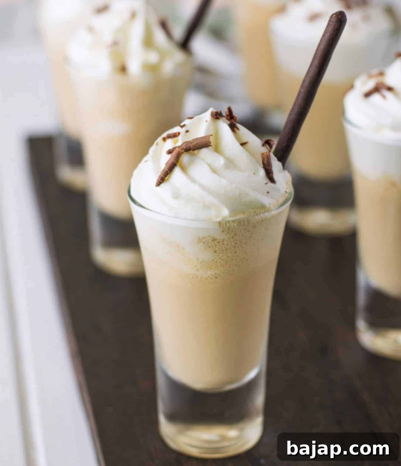 Irish Coffee Milkshake Shooters with whipped cream and chocolate shavings