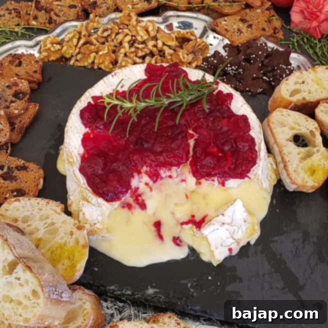Baked brie with cranberry sauce served as a party appetizer