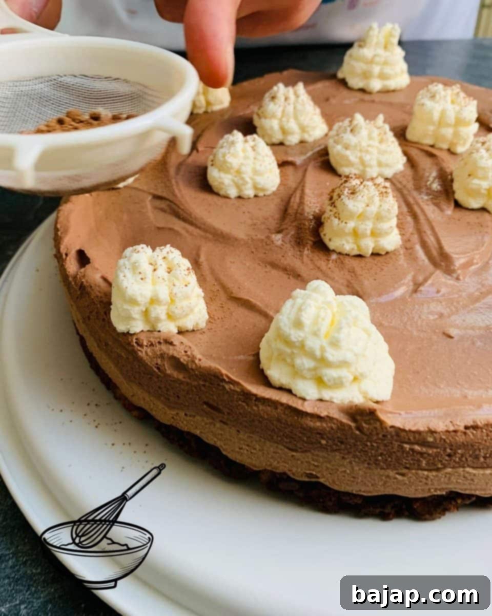 Effortless Chocolate Ricotta Dream 16 Dusting the decorated chocolate ricotta cheesecake with unsweetened cocoa powder for a beautiful finish.