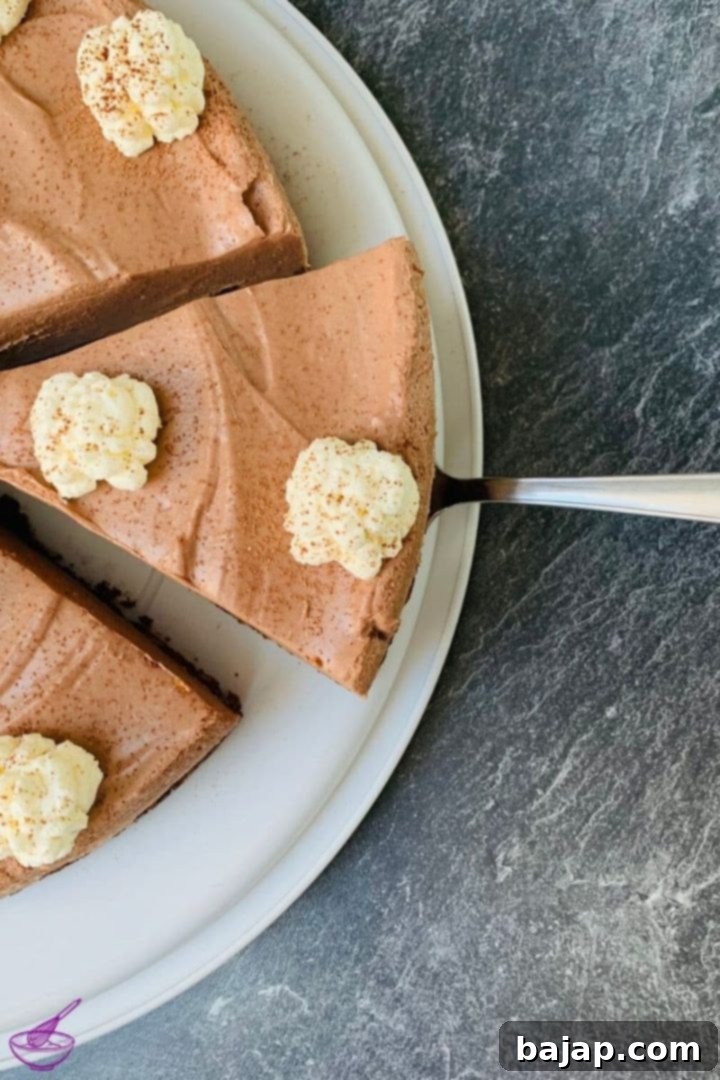 Effortless Chocolate Ricotta Dream 4 A beautifully decorated slice of no-bake chocolate ricotta cheesecake, showing its distinct chocolate layers and Biscoff crust.