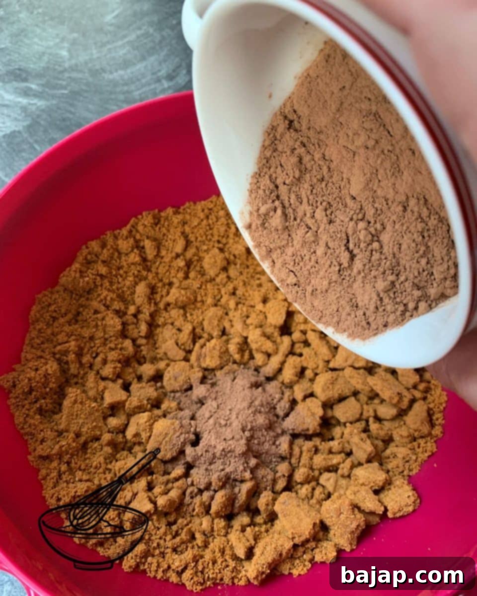 Add unsweetened raw cocoa powder to the crushed Biscoff cookies.