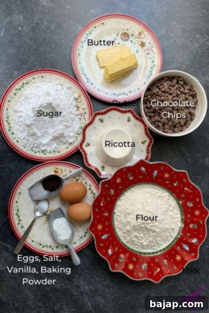 ingredients for a delicious chocolate chip ricotta loaf cake