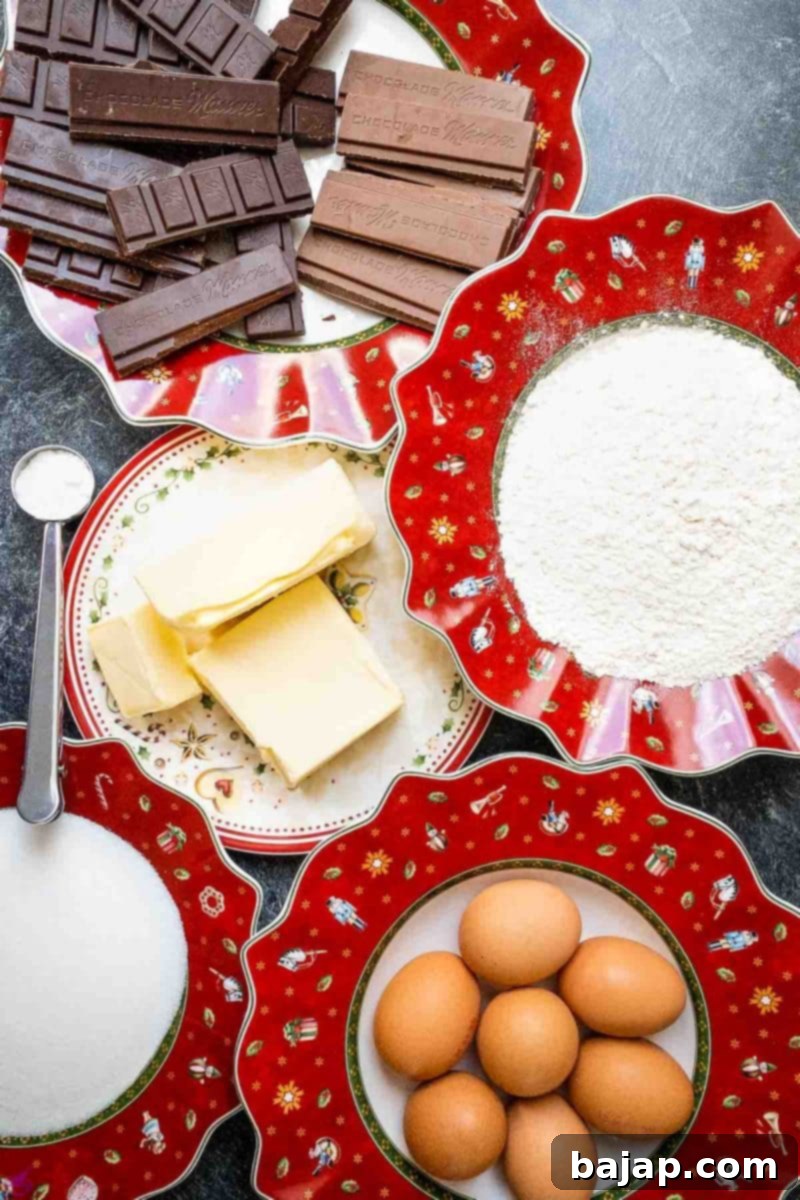 Seven essential ingredients for baking a delicious chocolate bundt cake, including dark and milk chocolate couverture, eggs, sugar, flour, butter, and baking powder.