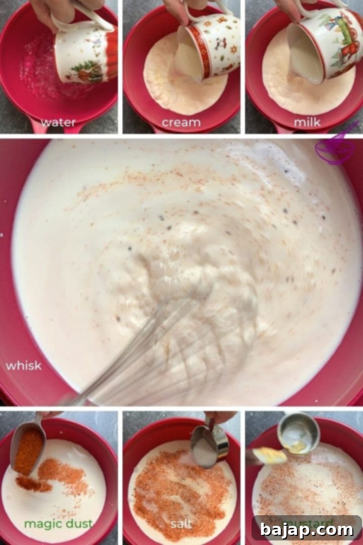 Whisk together water, cream, milk, magic dust, salt and mustard.