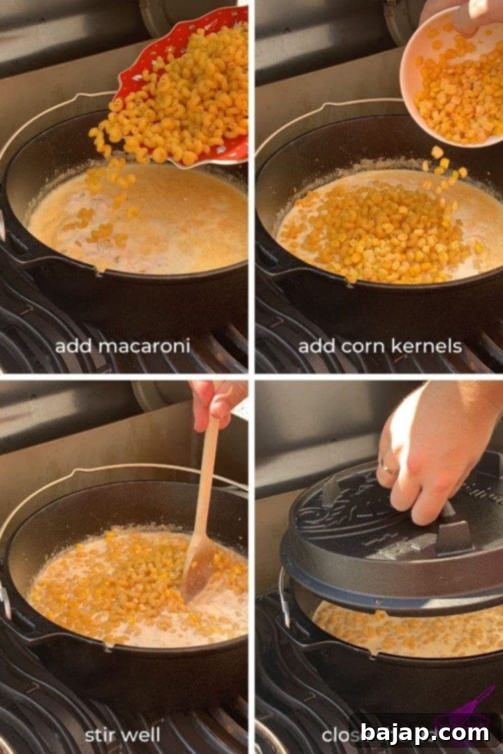 Add maccaroni and corn kernels. Stir well and close the lid.