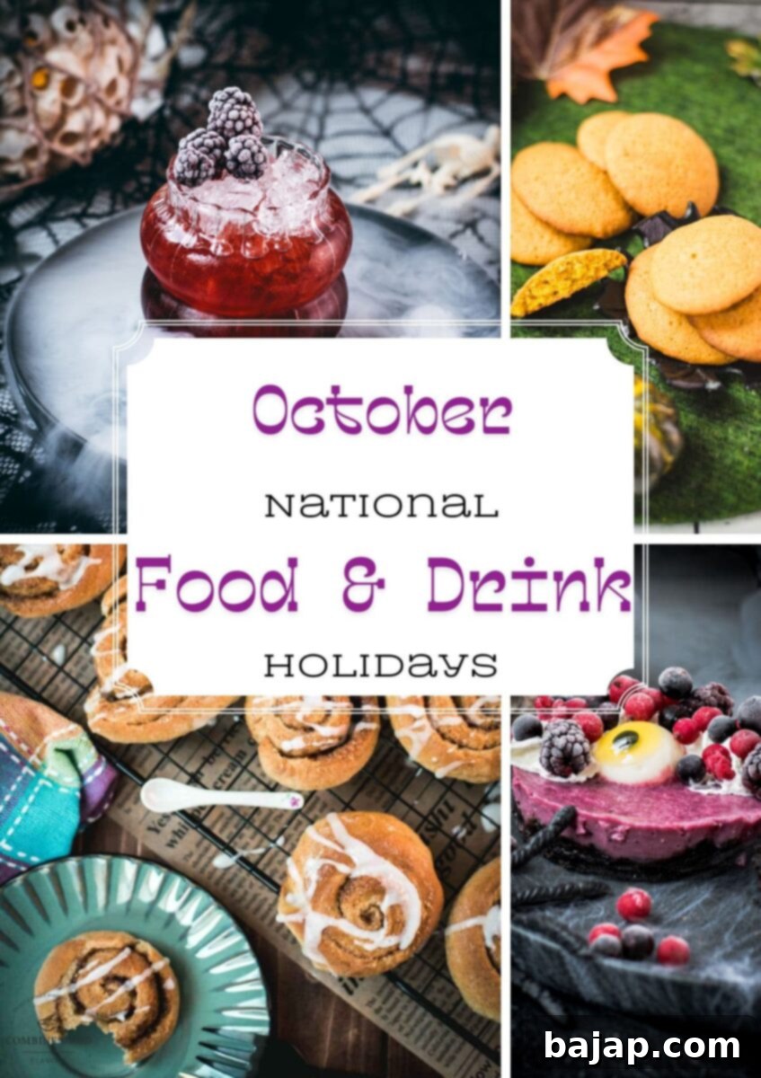 Collage of autumn desserts and Halloween cocktails for October food and drink holiday roundup.