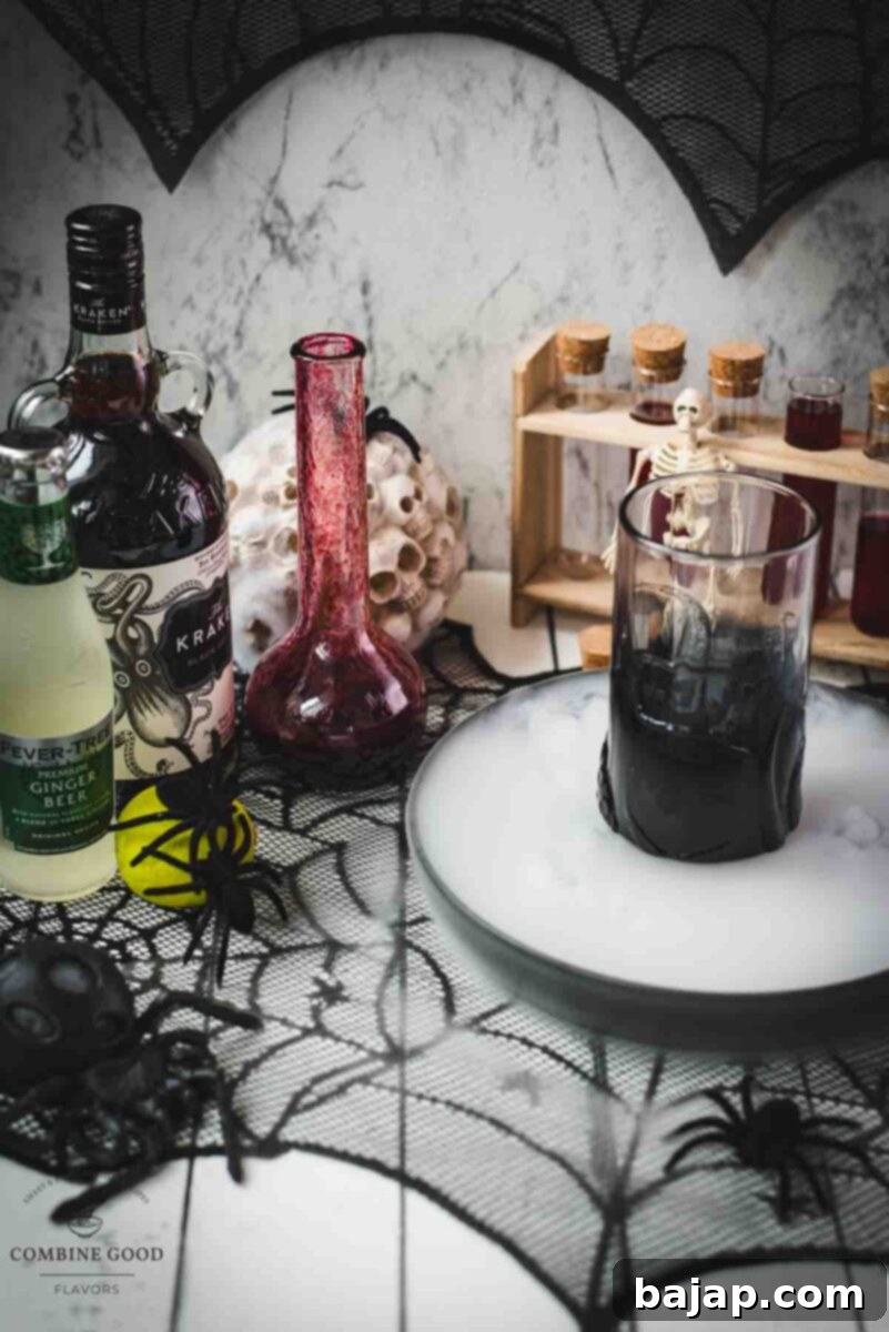 Ingredients - Crimson Kraken Cocktail - Kraken black spiced rum, berry blodd syrup, lemon juice, ginger beer.