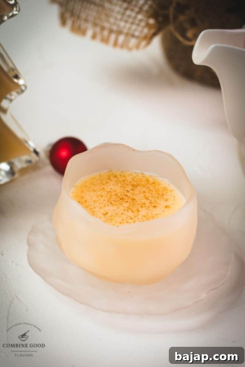 Delicious eggnog in a small icy bowl.
