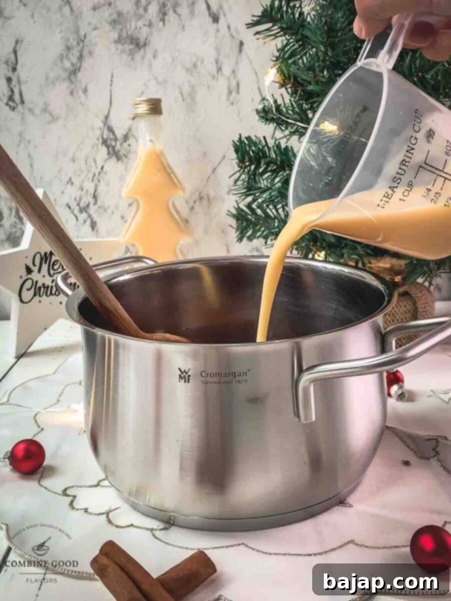 Add eggnog to the saucepan.