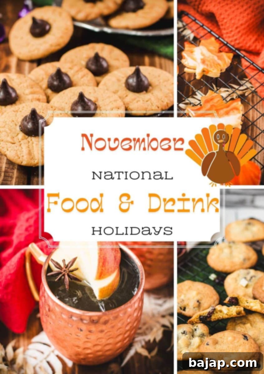 Cozy November food and drink holiday recipes featuring cookies, apple cider, cinnamon treats, mousse, and festive fall desserts.