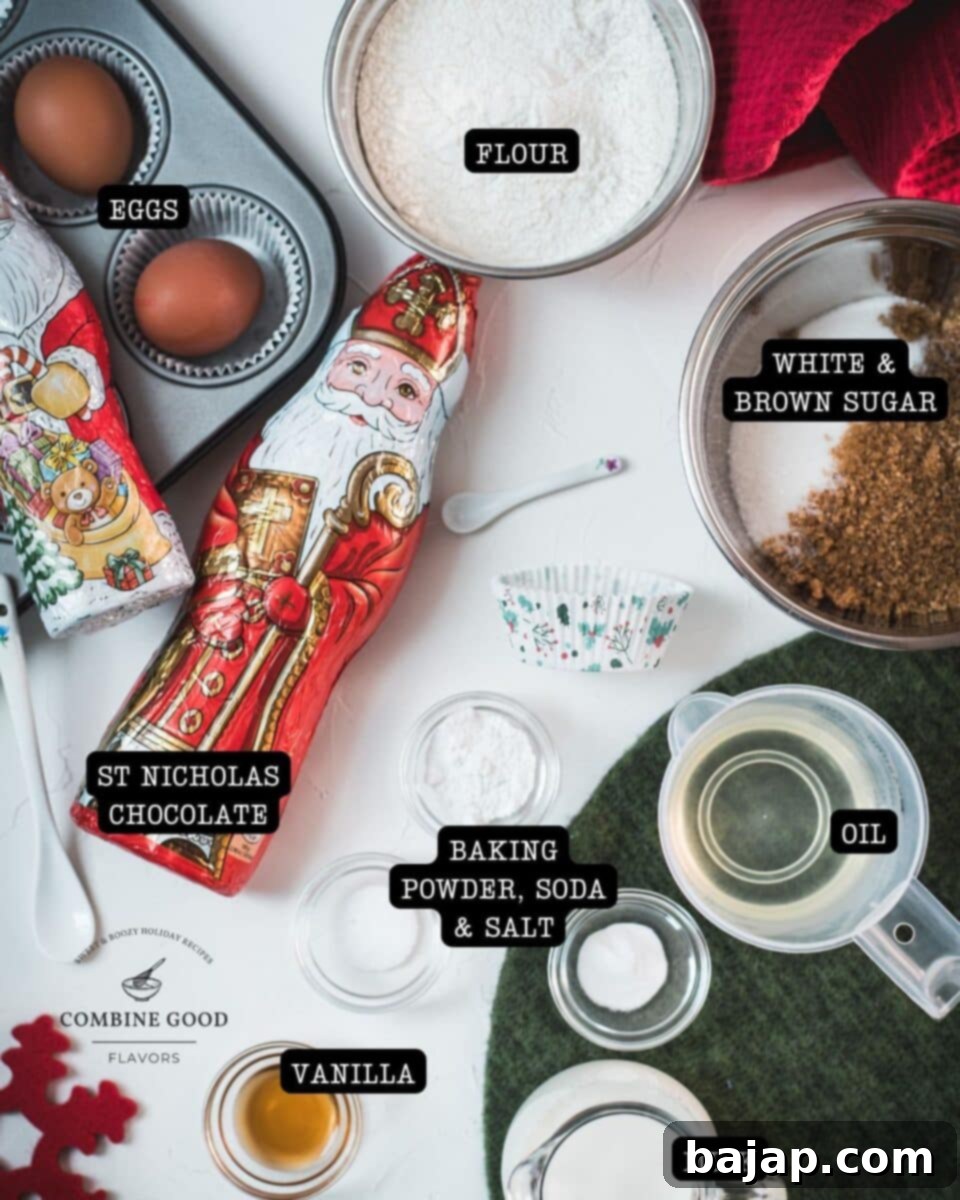 Ingredients - St. Nicholas chocolate muffins - flour, eggs, sugars, oil, milk, vanilla, St. nicholas chocolate, baking powder, soda and salt.