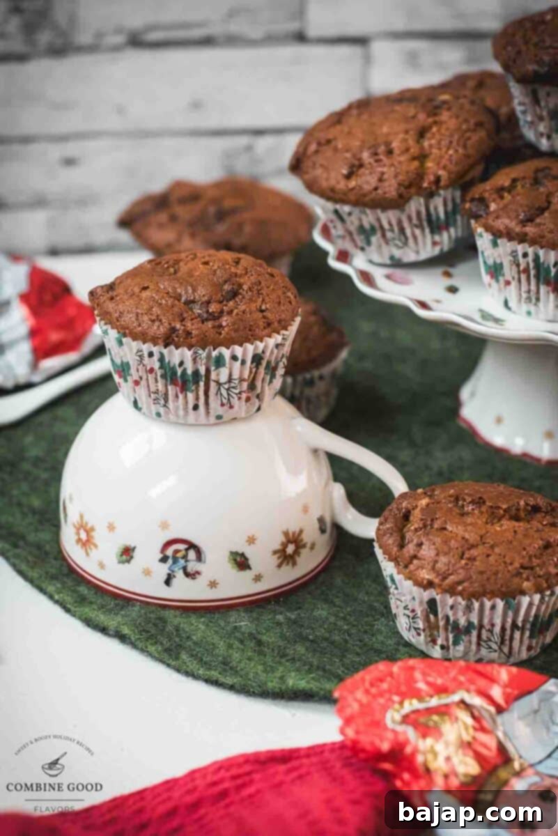 Delicious St. Nicholas chocolate muffins, placed one christmassy plates.