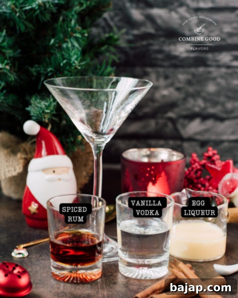 Holiday Nog Dream 3 Key ingredients for the delicious eggnog martini - spiced rum, vanilla vodka, and a rich egg liqueur (or traditional eggnog).