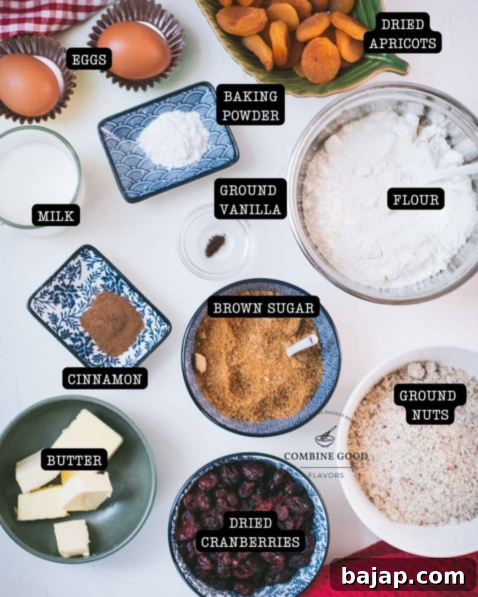 Ingredients - fruit and nut muffins - eggs, ried apricots, milk, baking powder, milk, ground vanilla, flour, cinnamon, brown sugar, buttern, dried cranberries, and ground nuts.