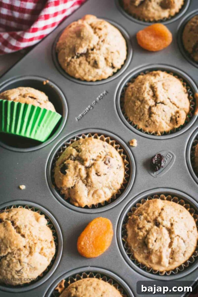 cute fruit and nut muffins with colored lines, still in muffin pan.