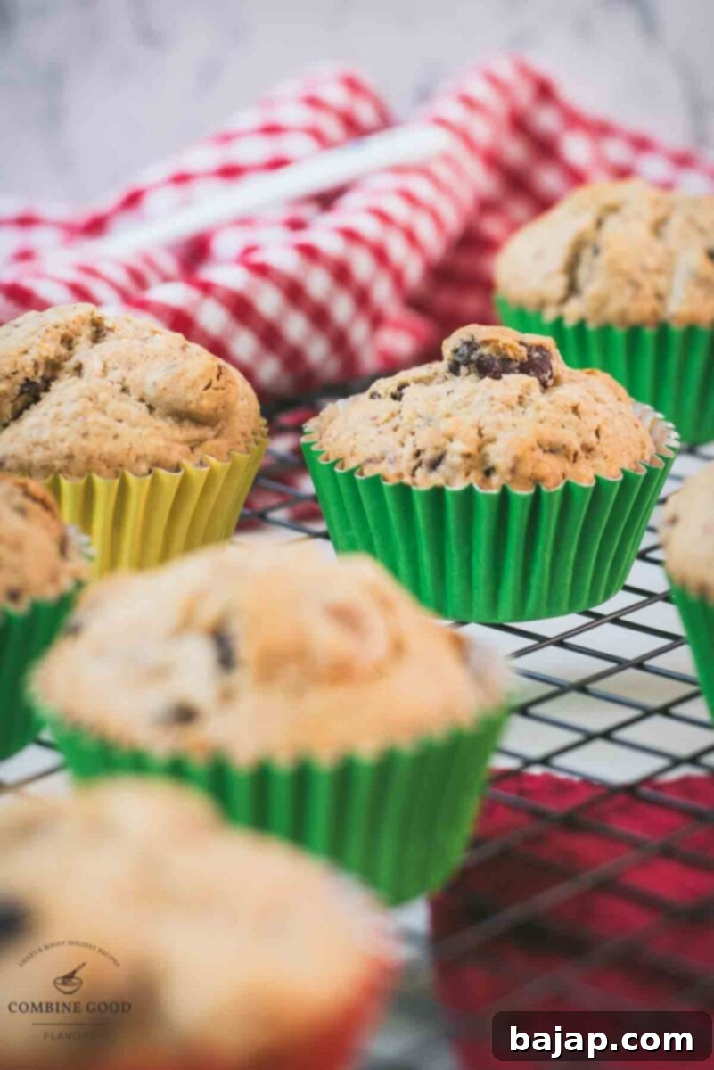 cute fruit and nut muffins with colored lines, placed on cooling rack.