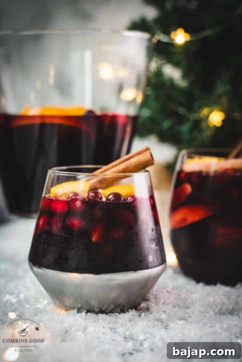 Gorgeous glass filled with delicious spiced winter sangria, garnished with a cinnamon stick and star anise. Placed on snow covered ground for a festive feel.