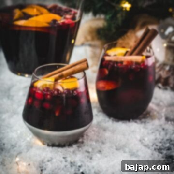 Gorgeous glasses filled with delicious winter sangria, garnished with a cinnamon stick and star anise. Placed on snow covered ground for a festive holiday feel.