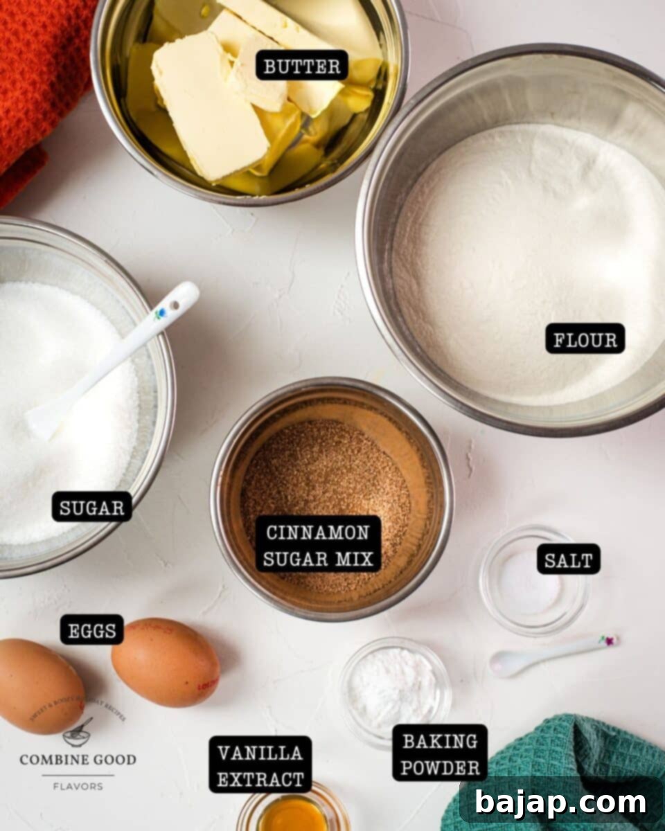 Snickerdoodle ingredients - butter, flour, sugar, eggs, salt, baking powder, vanilla extract, cinnamon sugar mix.