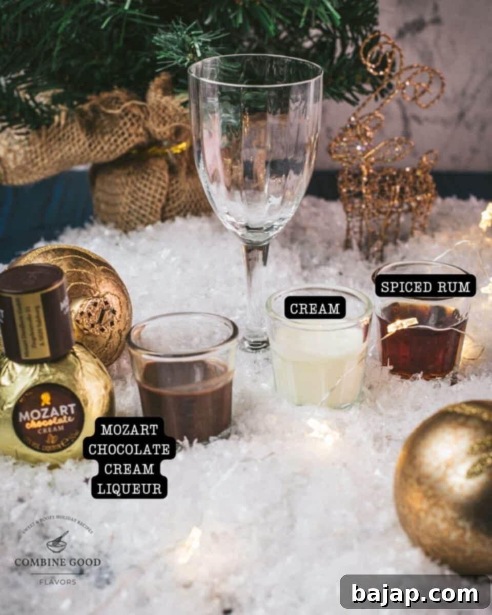 Rum Alexander ingredients: Mozart chocolate cream liqueur, cream, and spiced rum.