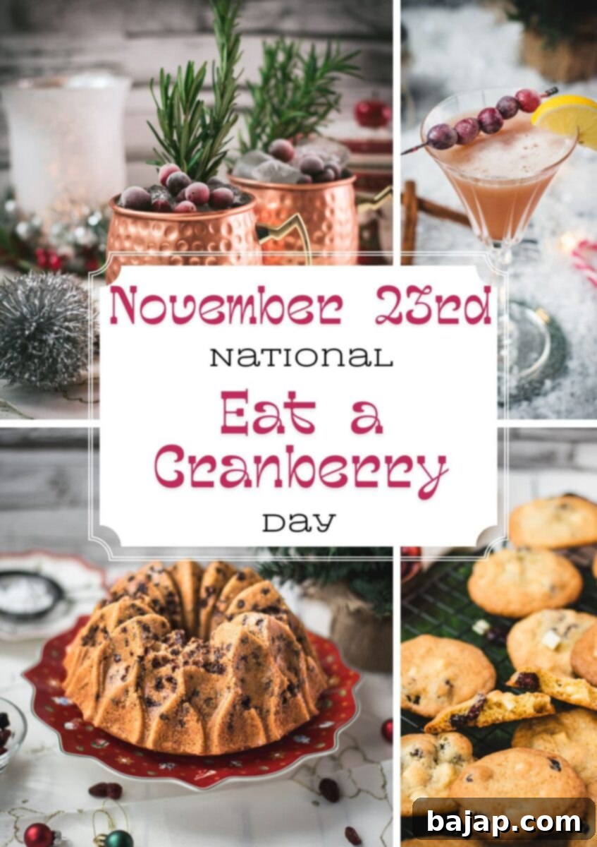 A vibrant collage featuring a variety of cranberry-infused treats and beverages, including classic cranberry cookies, a elegant Bundt cake, homemade granola, and an assortment of festive cocktails, all designed to inspire celebrations for Eat a Cranberry Day.