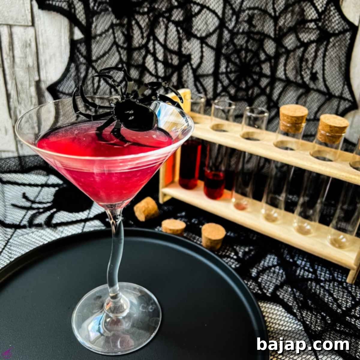 Blood red Halloween cocktail in glass decorated with spider. Black serving plate and spider web decoration.