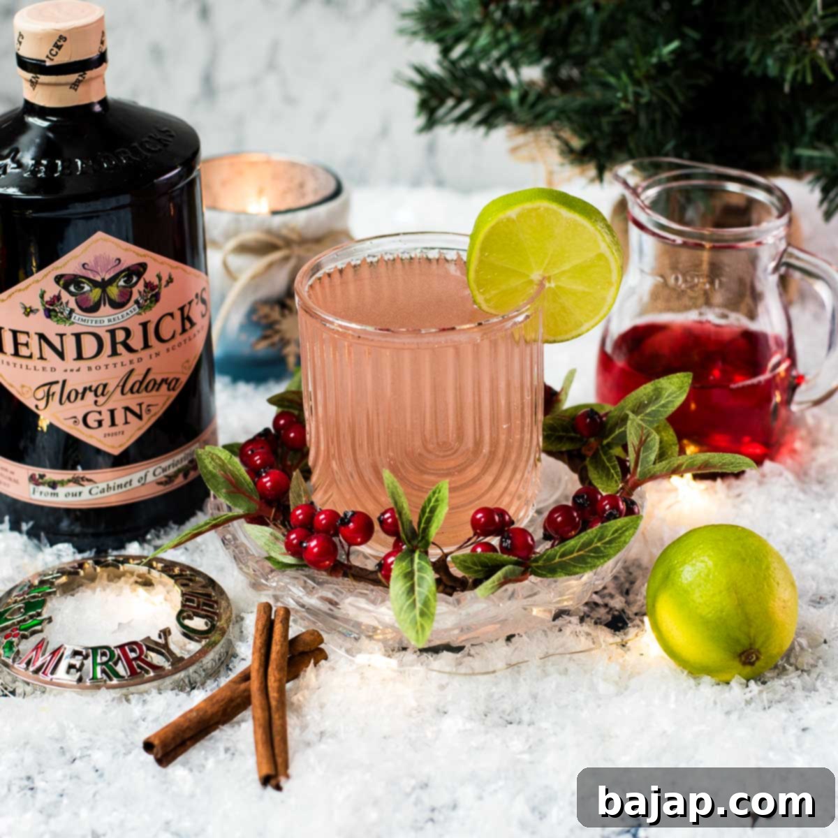 Festive cranberry gin fizz cocktail, garnished with a simple lime slice. Placed on snowy ground next to cinnamon sticks and a bottle of Hendricks Flora Adora Gin.