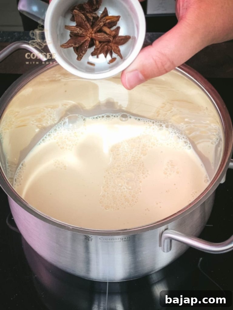Festive Holiday Coffee Creamer 3 Adding star anise to milk for Christmas coffee creamer.