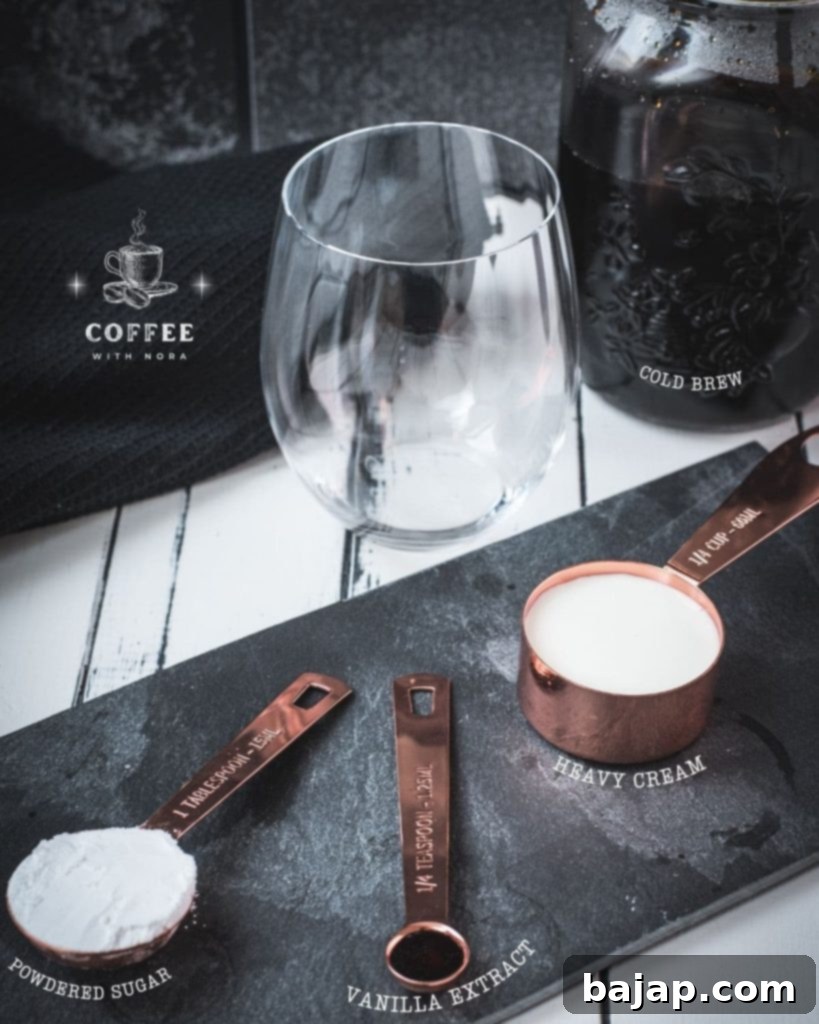 Iced Vanilla Cream Coffee: A Refreshing Homemade Brew 2 Ingredients: Cold brew, powdered sugar, vanilla extract, and heavy cream.