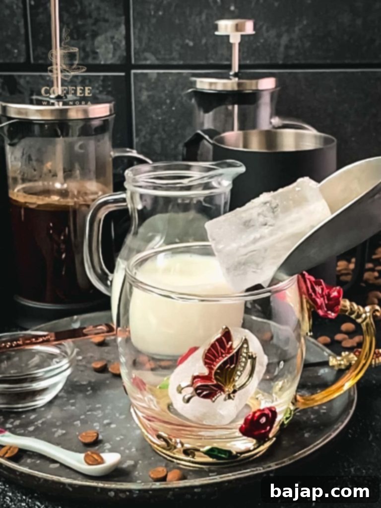 Vanilla Bean Bliss: French Press Iced Coffee 5 Glass filled with cubed ice.