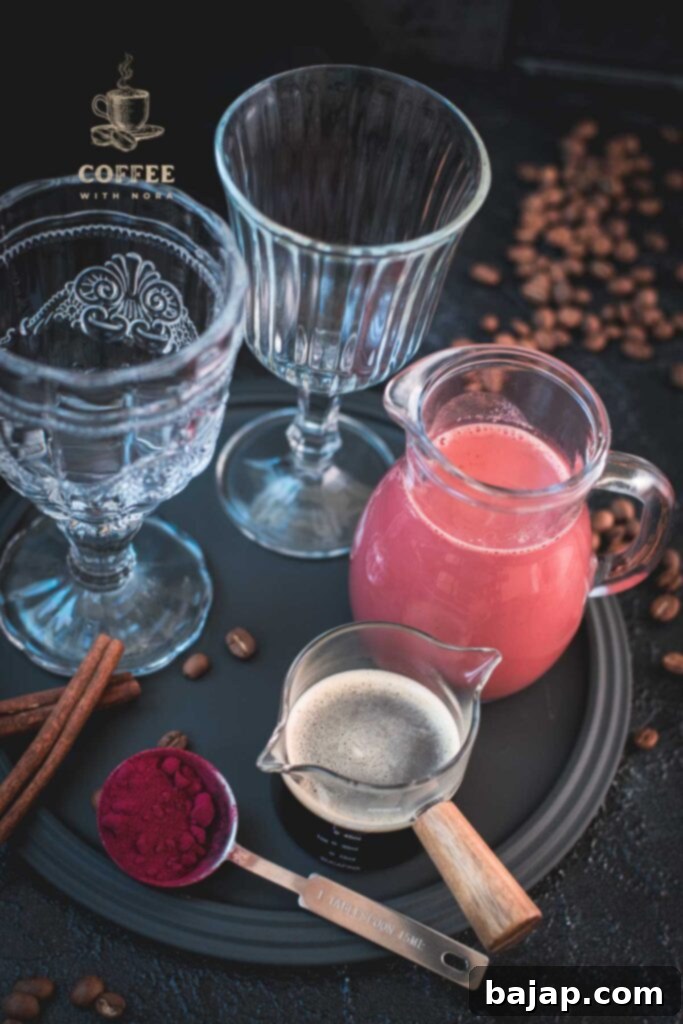 Pink latte ingredients: pink milk, coffee, and milk.