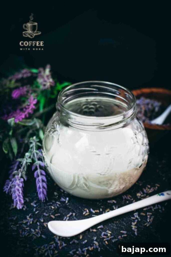 Lavender Dream Creamer 1 Homemade lavender coffee creamer in a preserving glass