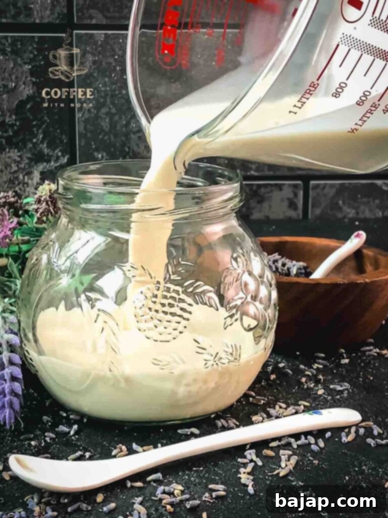 Lavender Dream Creamer 9 Finished lavender coffee creamer poured into a preserving jar